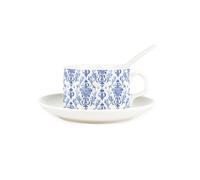 Purely Home Oriental Blue Ink Cup & Saucer Set With Spoon - Blue & White Patterned Porcelain White Mug Coffee/tea Hot Drinks Present Gift