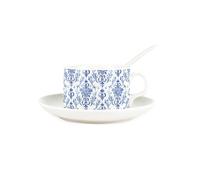 Purely Home Oriental Blue Ink Cup & Saucer Set with Spoon - Blue & White Patterned Porcelain White Mug Coffee/Tea Hot Drinks Present Gift
