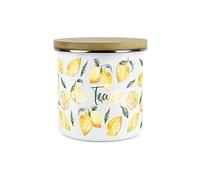 Purely Home Painted Lemons Tea Canister - White Metal Enamel Kitchen Food Storage Container