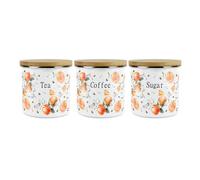 Purely Home Painted Tangerines Tea Coffee Sugar Canister Set - White Metal Enamel Kitchen Food Storage Containers
