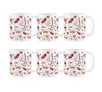 Purely Home Paris Mug - Eiffel Tower & Croissants City of Love White & Pink Coffee/Tea Gift 11oz - 6 Mug Set