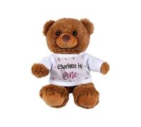 Purely Home Personalisable First Birthday Teddy Bear - Small Plush Toy Custom Gifts for Children - Dark Brown Stuffed Animal with Bunny Printed T-Shirt