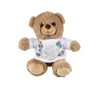 Purely Home Personalisable Happy Birthday Teddy Bear - Small Plush Toy Balloon Gifts - Light Brown Stuffed Animal with Printed T-Shirt