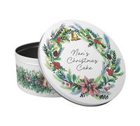Purely Home Personalised Christmas Wreath Large Cake Tin - Festive Foliage Kitchen Bakeware Gifts - Round Metal Storage Container for Baking 23 x 10cm