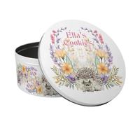 Purely Home Personalised Floral Hedgehog Cake Tin - Flowers & Wildlife Kitchen Gifts for Nature Lovers - Large Round Metal Storage Container for Baking 23 x 10cm