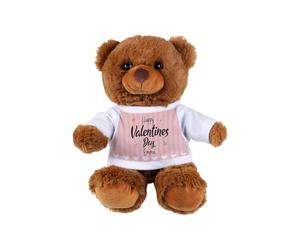Purely Home Personalised Happy Valentines Day Teddy Bear - Couples Gift Dark Brown Stuffed Animal with Pink T-Shirt