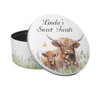 Purely Home Personalised Highland Cow & Calf Large Cake Tin - Countryside Farm Homeware Gifts Round Metal Storage Container for Baking 23 x 10cm