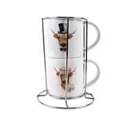 Purely Home Personalised Highland Cow Wedding Stacking Mugs Set - His & Hers Novelty Small Ceramic Cups Couples Gift - Set of 2 with Metal Stand