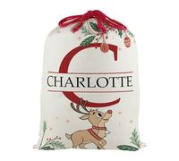 Purely Home Personalised Letter C Kids Christmas Santa Sack, Extra Large Alphabet Stocking Gift Bag with Red Drawstring Ties for Xmas Gifts - Reindeer