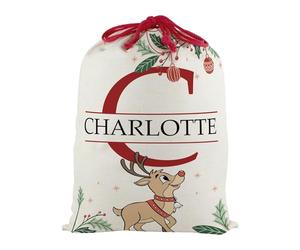 Purely Home Personalised Letter C Kids Christmas Santa Sack, Extra Large Alphabet Stocking Gift Bag with Red Drawstring Ties for Xmas Gifts - Reindeer