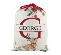 Purely Home Personalised Letter G Kids Christmas Santa Sack, Extra Large Alphabet Stocking Gift Bag with Red Drawstring Ties for Xmas Gifts - Reindeer