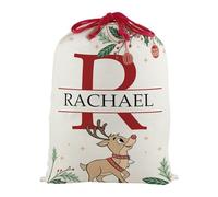 Purely Home Personalised Letter R Kids Christmas Santa Sack, Extra Large Alphabet Stocking Gift Bag with Red Drawstring Ties for Xmas Gifts - Reindeer