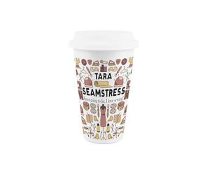 Purely Home Personalised Seamstress Ceramic Travel Mug - Sewing & Crafting Funny Novelty Job Custom Gifts - Reusable Silicone Lid Double-Walled Insulated Drinks Flask Cup