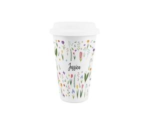Purely Home Personalised Spring Flowers Ceramic Travel Mug - Custom Wildflower Meadow Reusable Silicone Lid Double-Walled Insulated Hot/Cold Drinks Cup Gift
