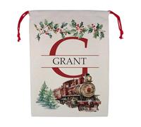 Purely Home Personalised Watercolour Steam Train Letter G & Name Christmas Santa Sack - Large Linen-Style Santa Gift Sack for Xmas Gifts with Red Drawstring Ties