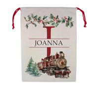 Purely Home Personalised Watercolour Steam Train Letter J & Name Christmas Santa Sack - Large Linen-Style Santa Gift Sack for Xmas Gifts with Red Drawstring Ties