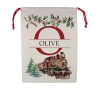 Purely Home Personalised Watercolour Steam Train Letter O & Name Christmas Santa Sack - Large Linen-Style Santa Gift Sack for Xmas Gifts with Red Drawstring Ties