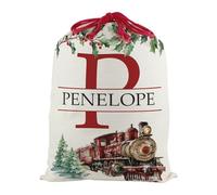 Purely Home Personalised Watercolour Steam Train Letter P & Name Christmas Santa Sack - Large Linen-Style Santa Gift Sack for Xmas Gifts with Red Drawstring Ties