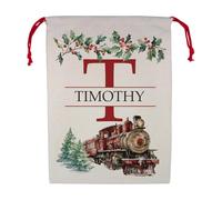 Purely Home Personalised Watercolour Steam Train Letter T & Name Christmas Santa Sack - Large Linen-Style Santa Gift Sack for Xmas Gifts with Red Drawstring Ties
