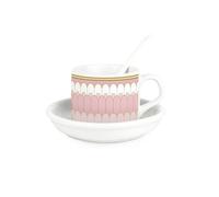 Purely Home Pink Art Deco Cup & Saucer Set with Spoon - Ceramic White Mug Coffee/Tea Hot Drinks Present Gift