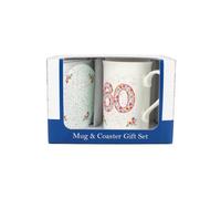 Purely Home Pink Floral 60Th Birthday Mug & Coaster Gift Set - Bone China Mug And Glass Coaster Tea/coffee Cup Present For Her