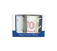 Purely Home Pink Floral Grandmas 70Th Birthday Mug & Coaster Gift Set - Bone China Mug And Glass Coaster Tea/coffee Cup Present For Nan