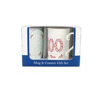 Purely Home Pink Floral Grans 100Th Birthday Mug & Coaster Gift Set - Bone China Mug And Glass Coaster Tea/coffee Cup Present For Nan