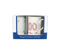 Purely Home Pink Floral Mums 100Th Birthday Mug & Coaster Gift Set - Bone China Mug And Glass Coaster Tea/coffee Cup Present For Mum