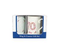 Purely Home Pink Floral Mums 70th Birthday Mug & Coaster Gift Set - Bone China Mug and Glass Coaster Tea/Coffee Cup Present for Mum