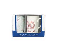 Purely Home Pink Floral Mums 80th Birthday Mug & Coaster Gift Set - Bone China Mug and Glass Coaster Tea/Coffee Cup Present for Mum