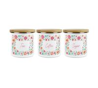 Purely Home Pink Roses Tea Coffee Sugar Canister Set - Floral Enamel 1.2L Large Hot Drinks/Food Storage Containers Kitchen Gifts