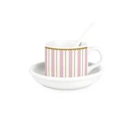 Purely Home Pink Stripes Cup & Saucer Set with Spoon - Ceramic White Mug Coffee/Tea Hot Drinks Present Gift