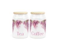 Purely Home Pink Wisteria Tea & Coffee Canister Set - Ceramic Kitchen Storage Containers with Wooden Lid 600ml (14.5cm x 9.5cm)