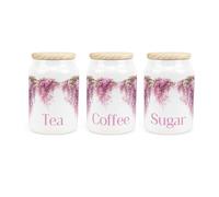 Purely Home Pink Wisteria Tea Coffee & Sugar Canister Set - Ceramic Kitchen Storage Containers with Wooden Lid 600ml (14.5cm x 9.5cm)