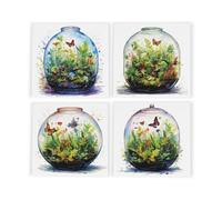 Purely Home Plant Terrarium Ceramic Coaster Set - Butterfly Gifts For Plant Lovers - Square Set Of Four (4) Coasters