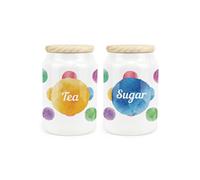 Purely Home Polka Dots Ceramic Tea & Sugar Storage Canisters - Multicoloured Spotty Housewarming Gift - Kitchen Food Storage Containers & Wooden Lid 600ml (14.5cm x 9.5cm) - Set of 2