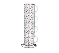 Purely Home Polka Dots Stacking Mugs Set - Multicoloured Spots Rainbow - Small Ceramic Tea/Coffee Cups - Drinkware Mug Gift Set with Metal Stand/Holder Set of 4