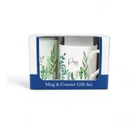 Purely Home Pops Mug & Coaster Gift Set - Green Leaves & Foliage Indoor Plants Bone China Mug And Glass Coaster Set - Present For Fathers Day