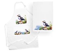 Purely Home Puffins Apron & Tea Towel Kitchen Set - Coastal Seabirds Puffin Gifts - Cooking and Baking Present Linen Sets