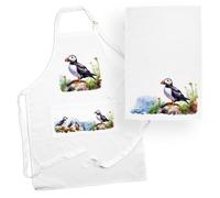 Purely Home Puffins Apron & Tea Towel Kitchen Set - Coastal Seabirds Puffin Gifts - Cooking And Baking Present Linen Sets