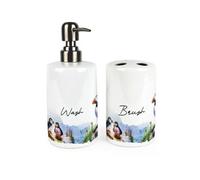 Purely Home Puffins Bathroom Set - Refillable Ceramic Soap Dispenser & Toothbrush Holder