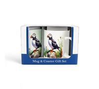 Purely Home Puffins Mug & Coaster Gift Set - Coastal Bone China Mug And Glass Coaster Set - Tea/coffee Present For Bird Watchers