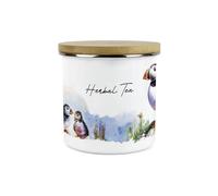 Purely Home Puffins on the Rocks Herbal Tea Storage Canister - Coastal Sea Birds Homewares Presents - Tea/Coffee/Sugar Metal Enamel Hot Drinks Storage Container Gifts