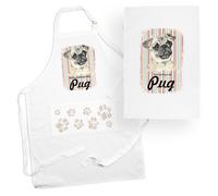 Purely Home Pug Apron & Tea Towel Kitchen Set - Portrait Gifts For Dog Lovers - Cooking And Baking Present Linen Sets