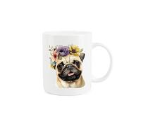 Purely Home Pug Dog Mug - Flower Crown Animal Gift/Present - Tea Coffee White Bone China Mug