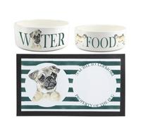 Purely Home Pug Pet Mat, Food & Water Bowl Set