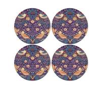 Purely Home Purple Strawberry Thief Round Glass Coasters - William Morris Inpsired Artwork Set Of 4