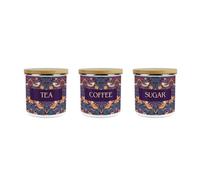 Purely Home Purple Strawberry Thief Tea, Coffee & Sugar Storage Canisters Set - Morris Inspired Floral Artwork - Medium Enamel Containers