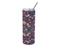 Purely Home Purple Strawberry Thief Travel Flask - William Morris Artwork Gifts - Reusable Stainless Steel Drinks Cup With Straw 600Ml