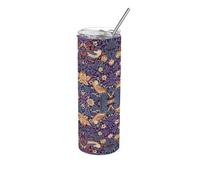 Purely Home Purple Strawberry Thief Travel Flask - William Morris Artwork Gifts - Reusable Stainless Steel Hot/Cold Drinks Cup with Straw 600ml